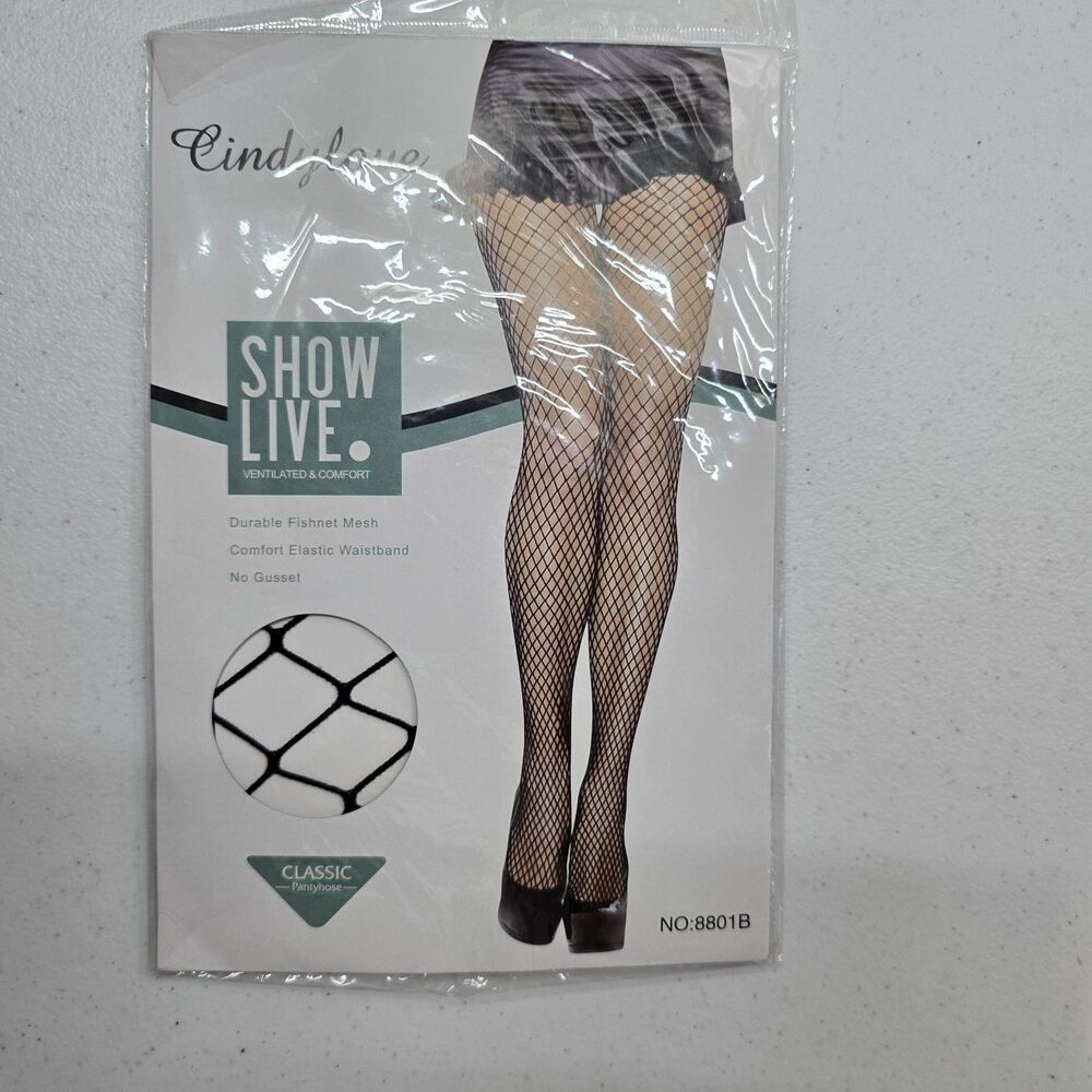 Cindy Love Black Fish Net Panty Hose S-XXXL Stretch 1 Pair NIP